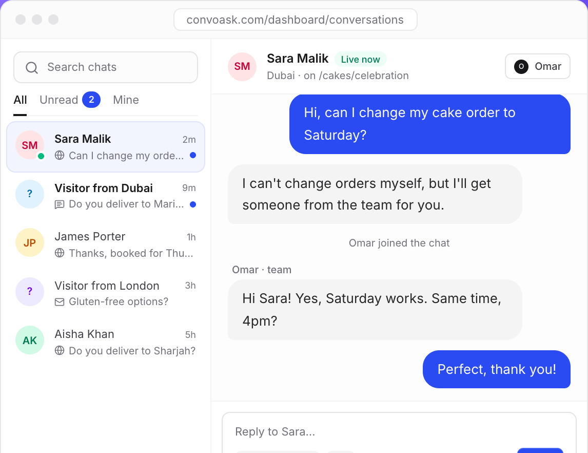 ConvoAsk shared inbox with a team member joining a live chat