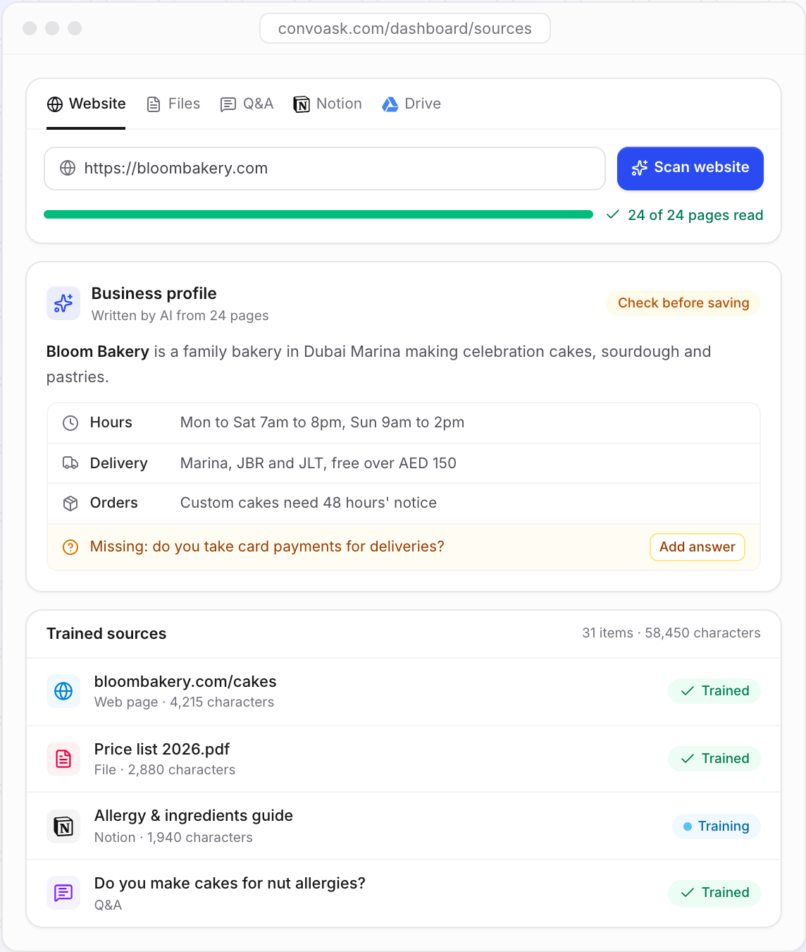 ConvoAsk scanning a bakery website and writing a business profile